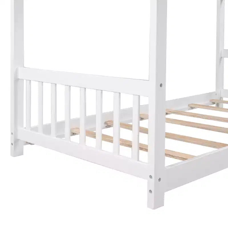 Lit jumeau pour enfants avec toit, tête et pied de lit, plateforme en bois naturel, design ludique de maisonnette ouverte, blanc/naturel