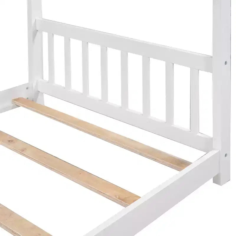 Lit jumeau pour enfants avec toit, tête et pied de lit, plateforme en bois naturel, design ludique de maisonnette ouverte, blanc/naturel