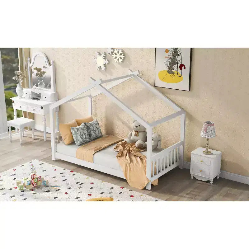 Lit jumeau pour enfants avec toit, tête et pied de lit, plateforme en bois naturel, design ludique de maisonnette ouverte, blanc/naturel