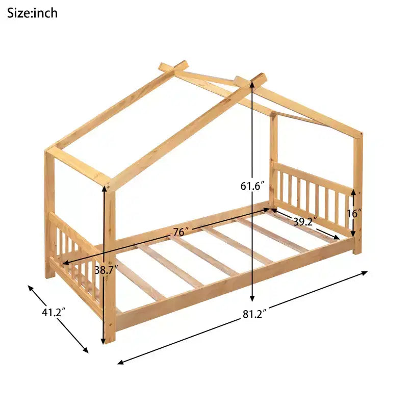 Lit jumeau pour enfants avec toit, tête et pied de lit, plateforme en bois naturel, design ludique de maisonnette ouverte, blanc/naturel