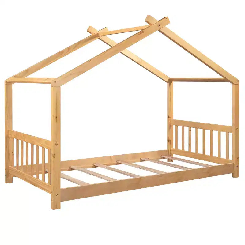 Lit jumeau pour enfants avec toit, tête et pied de lit, plateforme en bois naturel, design ludique de maisonnette ouverte, blanc/naturel