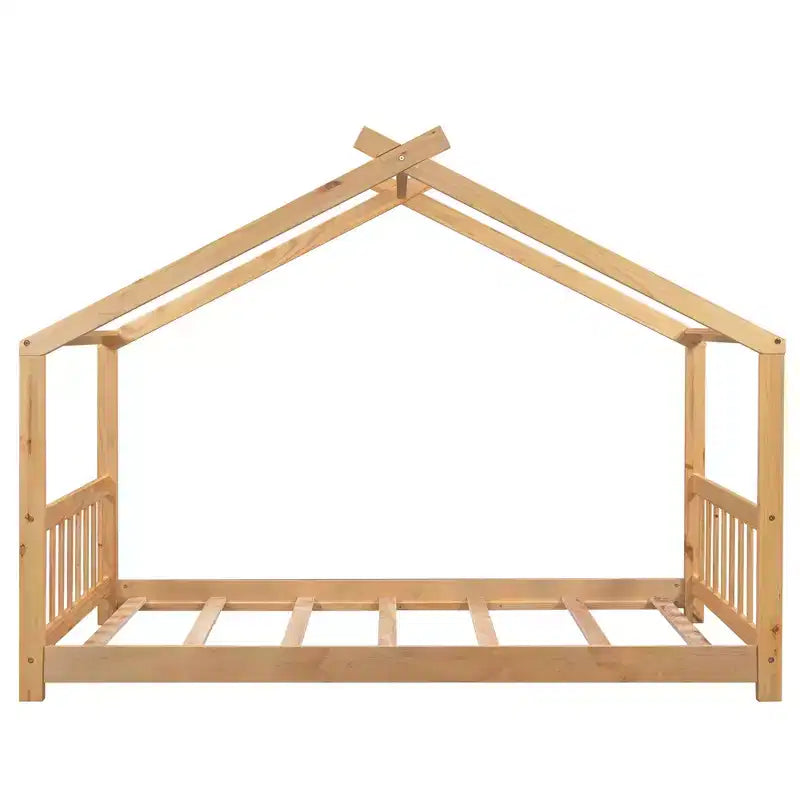 Lit jumeau pour enfants avec toit, tête et pied de lit, plateforme en bois naturel, design ludique de maisonnette ouverte, blanc/naturel
