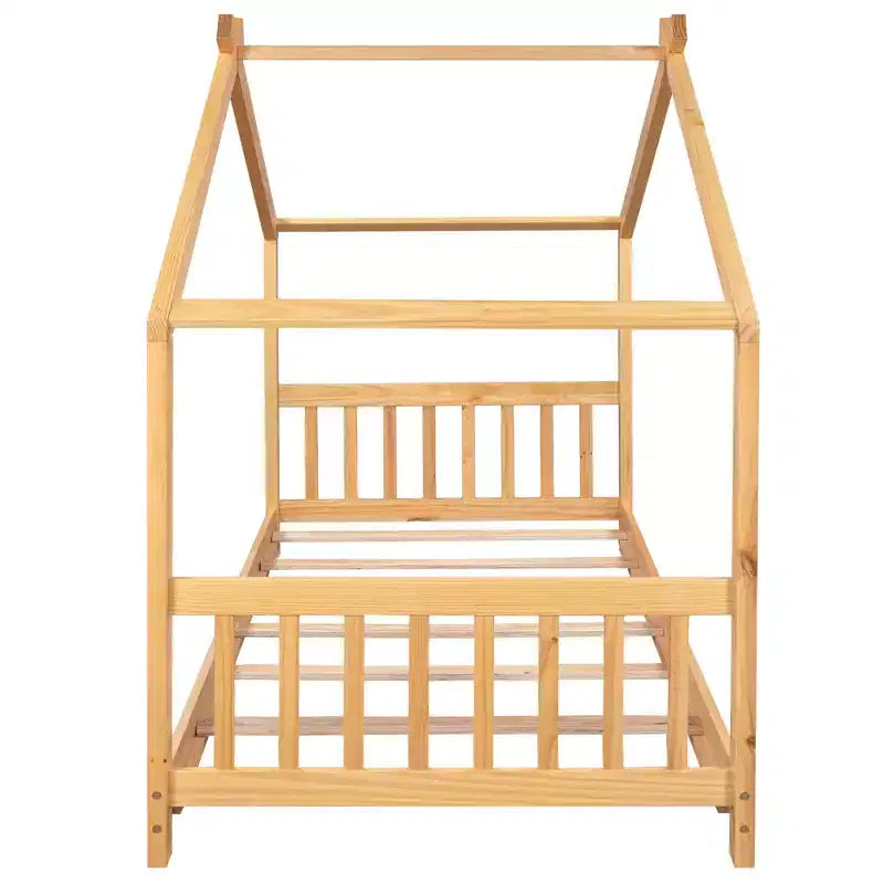 Lit jumeau pour enfants avec toit, tête et pied de lit, plateforme en bois naturel, design ludique de maisonnette ouverte, blanc/naturel