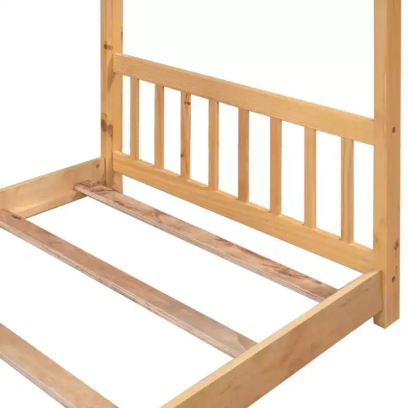 Lit jumeau pour enfants avec toit, tête et pied de lit, plateforme en bois naturel, design ludique de maisonnette ouverte, blanc/naturel