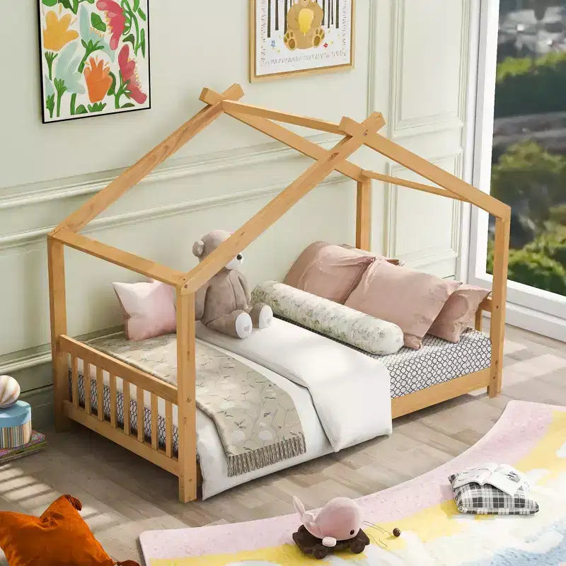 Bellemave Twin House Bed for Kids with Roof, Headboard & Footboard, Natural Wood Platform, Playful Open Playhouse Design, White/Natural