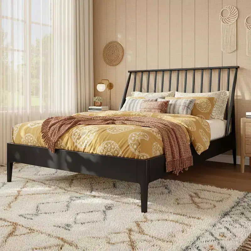 Polibi Boho Platform Bed Frame with Tall Slanted Headboard & Metal Support