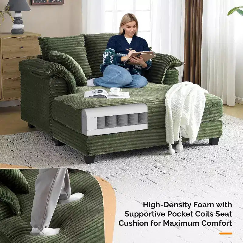 Fauteuil de salon 56, grand fauteuil de lecture, chaise longue en velours côtelé, canapé-lit inclinable rembourré et confortable avec coussins décoratifs et accoudoirs.