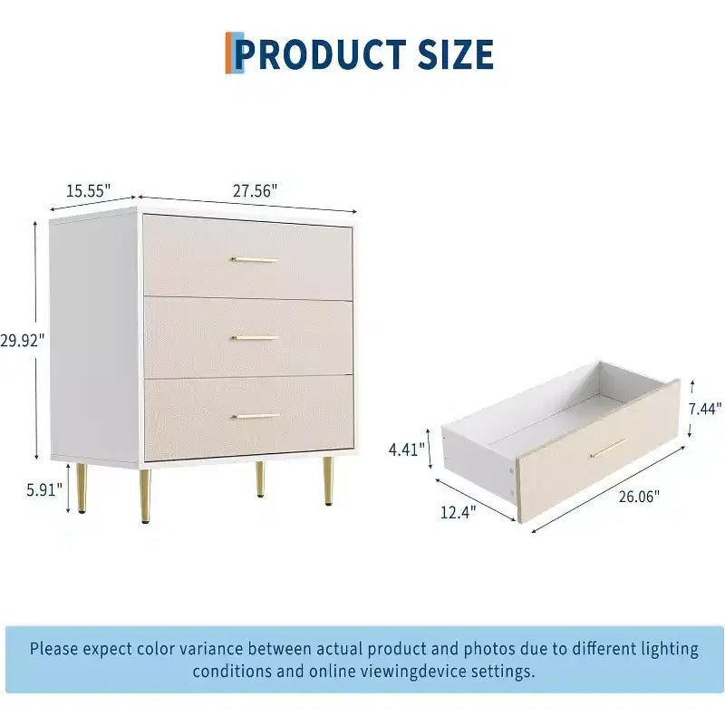Commode Blanche, Commode Moderne Étroite avec Poignées et Pieds en Métal Doré, Meuble de Rangement à Façade en Tissu pour Chambre et Entrée