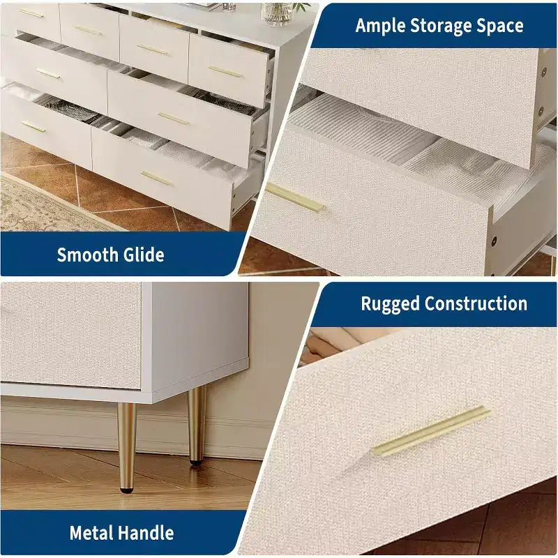 Commode Blanche, Commode Moderne Étroite avec Poignées et Pieds en Métal Doré, Meuble de Rangement à Façade en Tissu pour Chambre et Entrée
