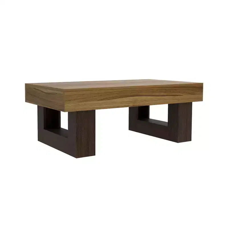 Table basse rectangulaire marron rustique avec étagère de rangement, table de salon de style ferme en MDF pour salon ou espace de détente.