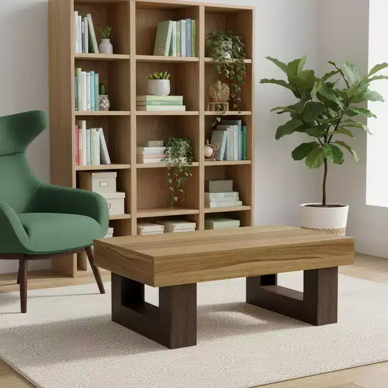 Table basse rectangulaire marron rustique avec étagère de rangement, table de salon de style ferme en MDF pour salon ou espace de détente.