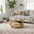 Homy Casa Round Rattan Coffee Table with Glass Top and Bamboo Frame, 2-Tier Storage Design, Natural Finish