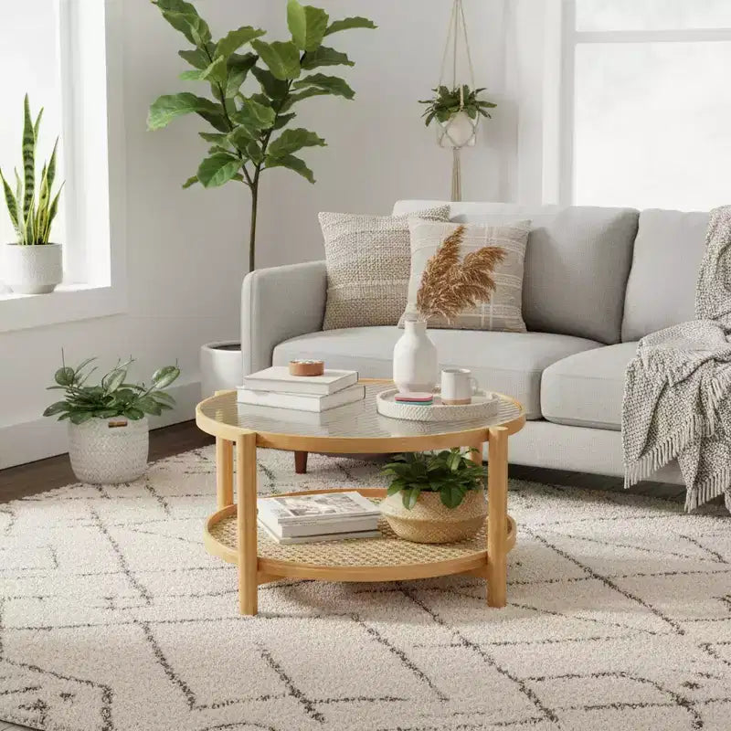 Homy Casa Round Rattan Coffee Table with Glass Top and Bamboo Frame, 2-Tier Storage Design, Natural Finish