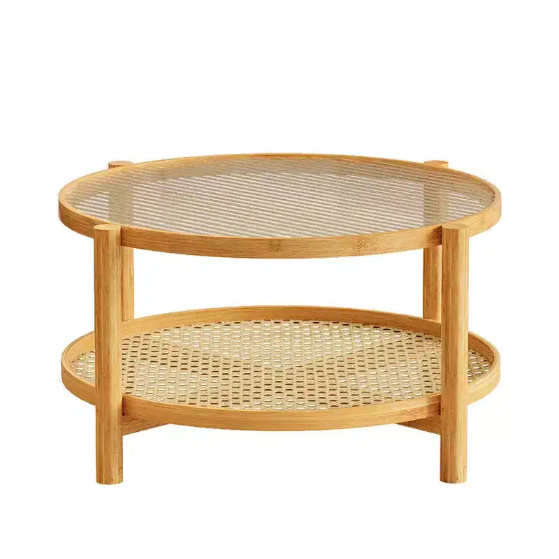 Table basse ronde en rotin avec plateau en verre et cadre en bambou, design à 2 niveaux de rangement, finition naturelle