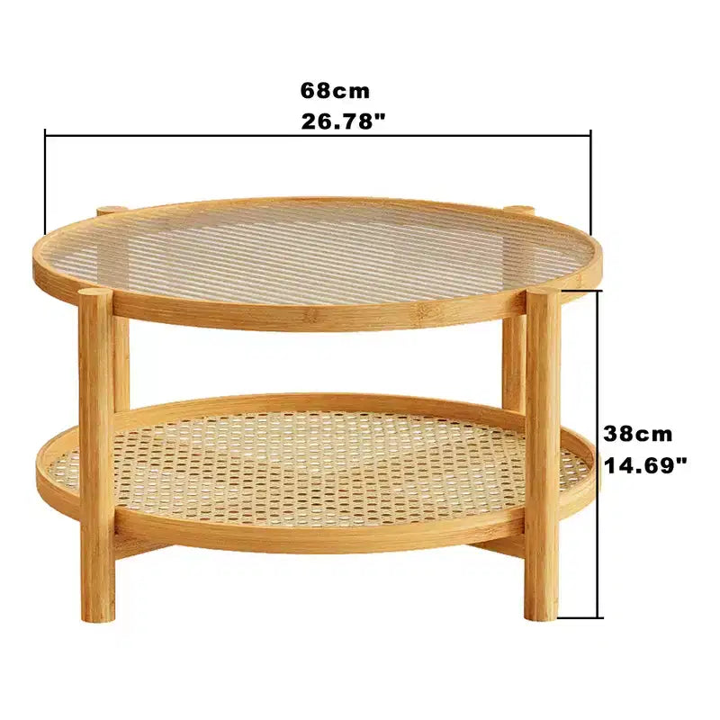 Table basse ronde en rotin avec plateau en verre et cadre en bambou, design à 2 niveaux de rangement, finition naturelle