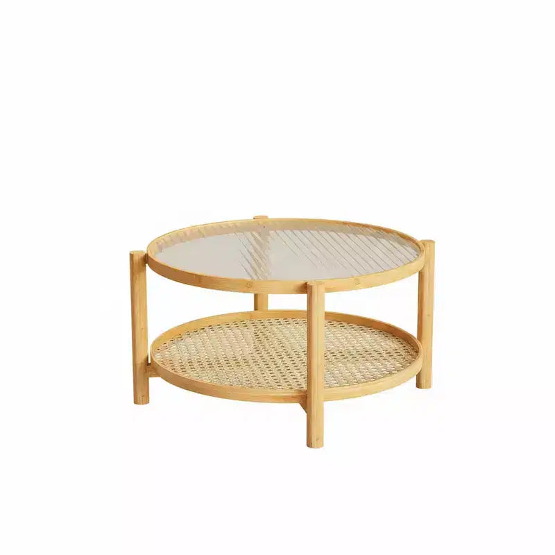 Table basse ronde en rotin avec plateau en verre et cadre en bambou, design à 2 niveaux de rangement, finition naturelle