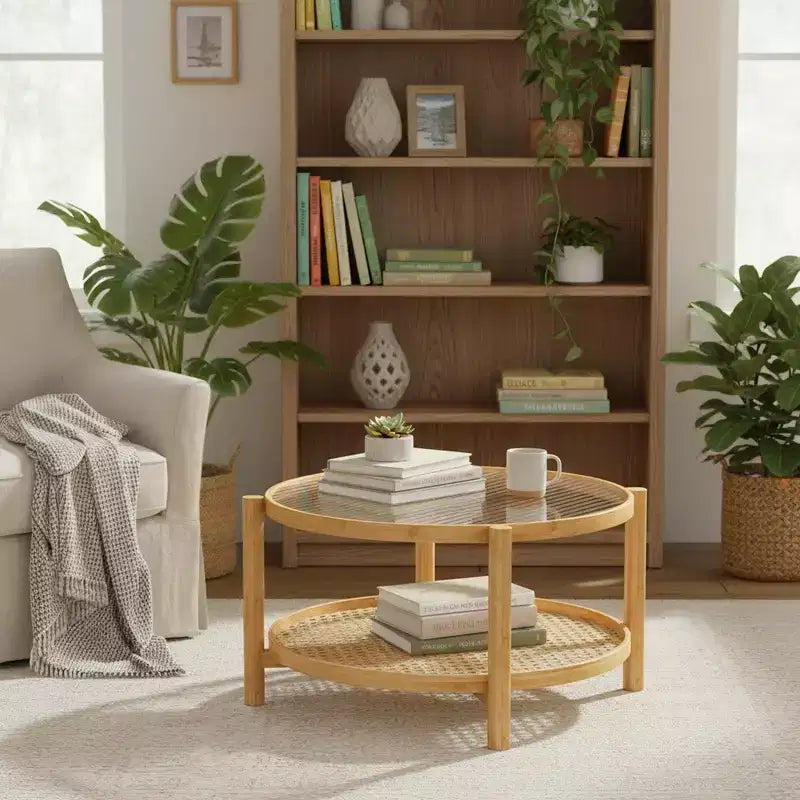 Table basse ronde en rotin avec plateau en verre et cadre en bambou, design à 2 niveaux de rangement, finition naturelle