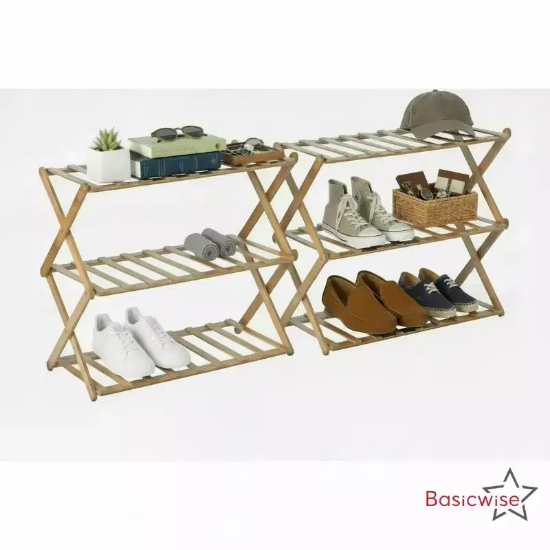 Basicwise Set of 2 Foldable Bamboo Shoe Rack and Storage Shelf Multi-Purpose Wooden Organizer for Entryway Closet or Living Room Space-Saving Stand