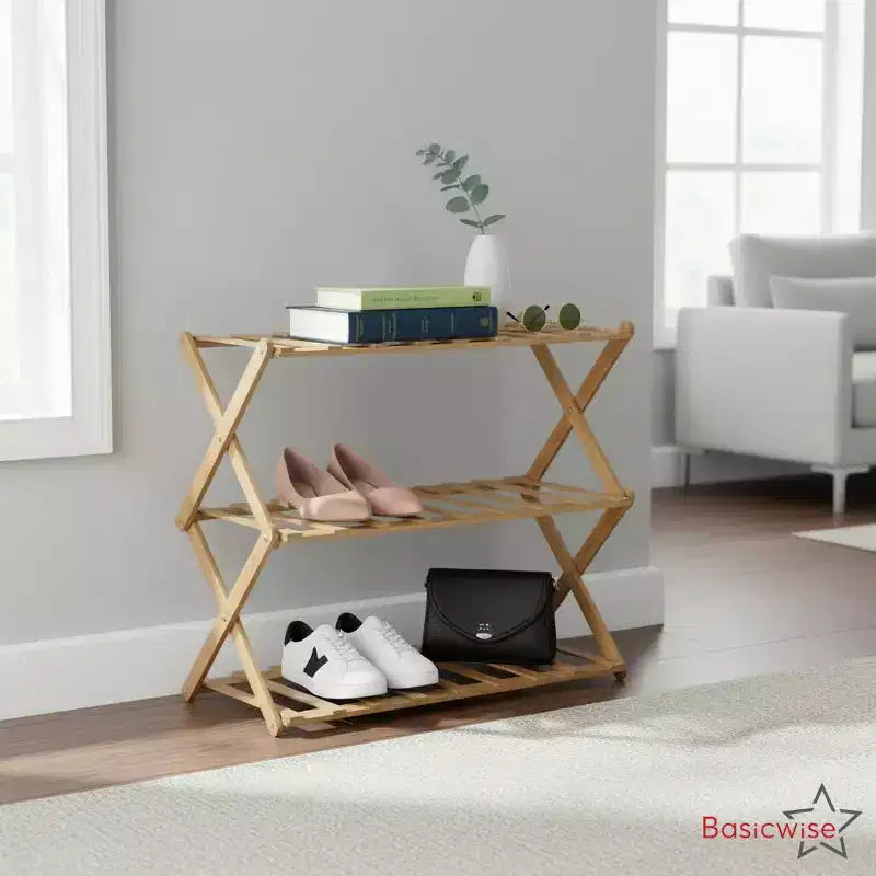 Lot de 2 étagères à chaussures pliables en bambou et étagères de rangement, organisateur en bois multi-usages pour entrée, placard ou salon, support peu encombrant