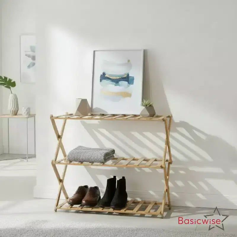 Lot de 2 étagères à chaussures pliables en bambou et étagères de rangement, organisateur en bois multi-usages pour entrée, placard ou salon, support peu encombrant