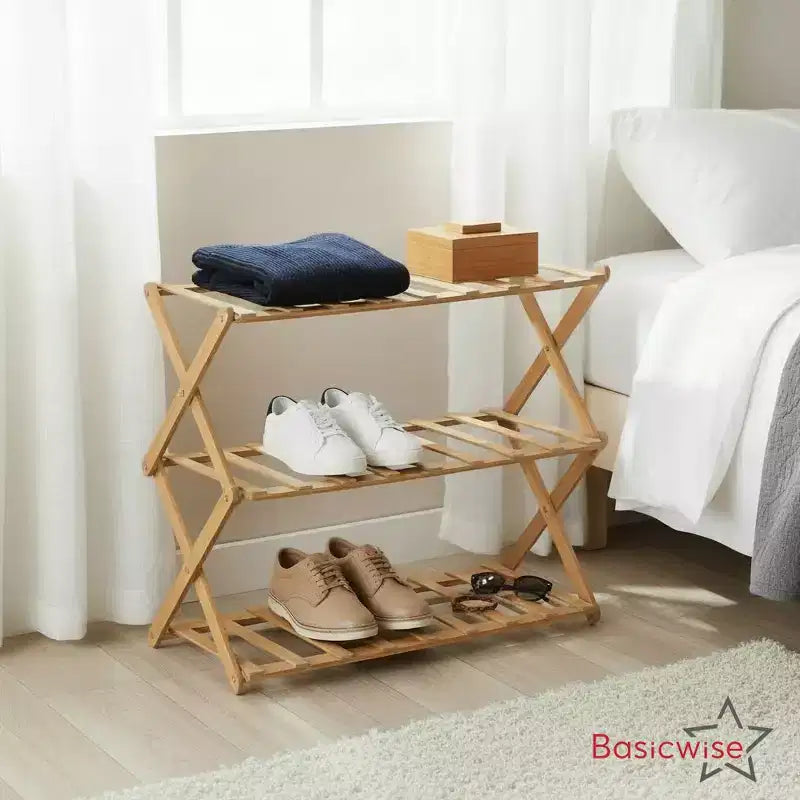 Lot de 2 étagères à chaussures pliables en bambou et étagères de rangement, organisateur en bois multi-usages pour entrée, placard ou salon, support peu encombrant