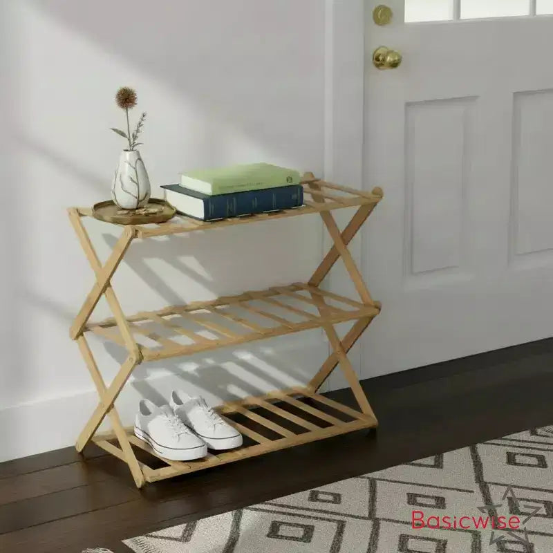 Lot de 2 étagères à chaussures pliables en bambou et étagères de rangement, organisateur en bois multi-usages pour entrée, placard ou salon, support peu encombrant
