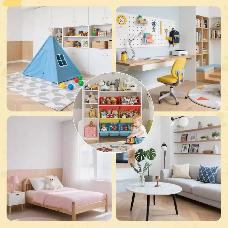 Organisateur de rangement de 43,5 pouces de large avec 8 bacs amovibles et plusieurs casiers, étagère de rangement à 4 niveaux pour livres et loisirs créatifs, bibliothèque pour chambre à coucher, salle de classe