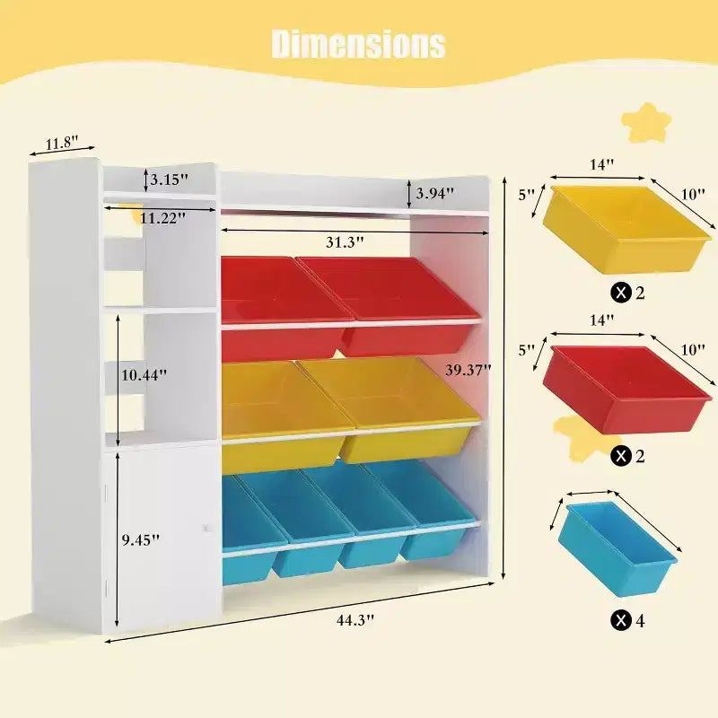 Organisateur de rangement de 43,5 pouces de large avec 8 bacs amovibles et plusieurs casiers, étagère de rangement à 4 niveaux pour livres et loisirs créatifs, bibliothèque pour chambre à coucher, salle de classe