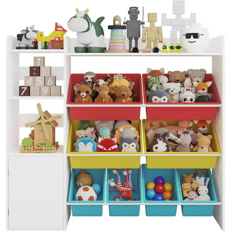 Organisateur de rangement de 43,5 pouces de large avec 8 bacs amovibles et plusieurs casiers, étagère de rangement à 4 niveaux pour livres et loisirs créatifs, bibliothèque pour chambre à coucher, salle de classe
