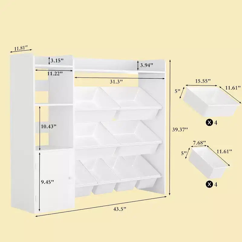 Organisateur de rangement de 43,5 pouces de large avec 8 bacs amovibles et plusieurs casiers, étagère de rangement à 4 niveaux pour livres et loisirs créatifs, bibliothèque pour chambre à coucher, salle de classe