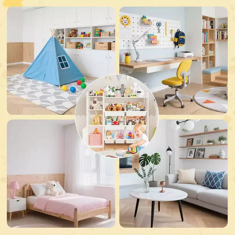 Organisateur de rangement de 43,5 pouces de large avec 8 bacs amovibles et plusieurs casiers, étagère de rangement à 4 niveaux pour livres et loisirs créatifs, bibliothèque pour chambre à coucher, salle de classe