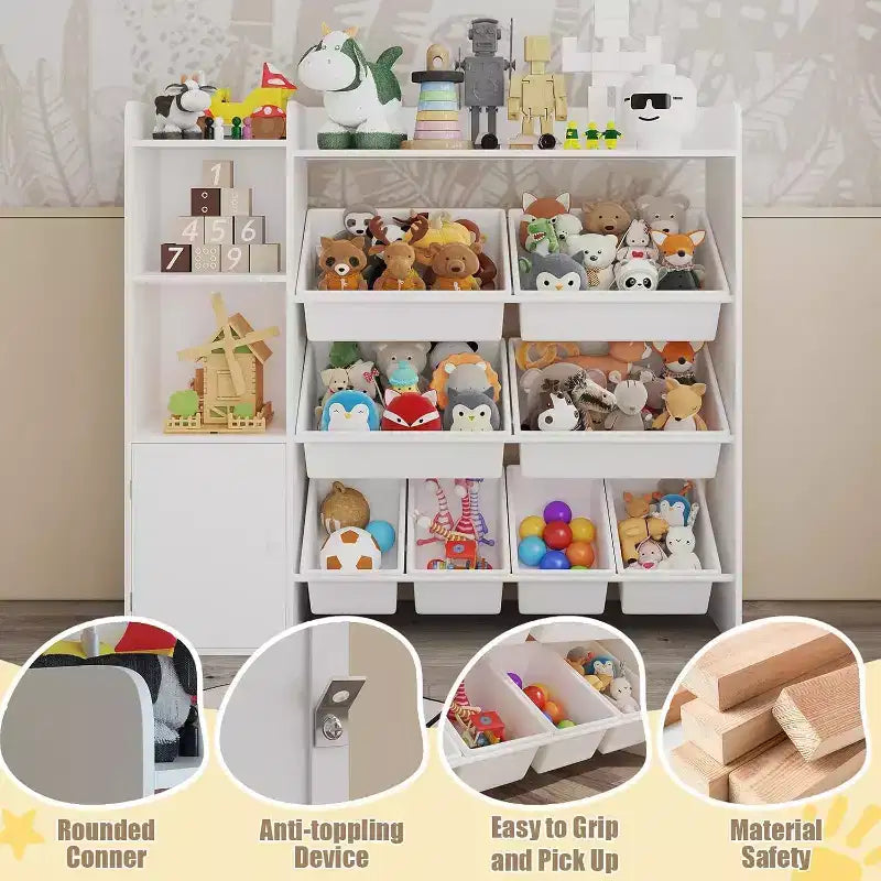Organisateur de rangement de 43,5 pouces de large avec 8 bacs amovibles et plusieurs casiers, étagère de rangement à 4 niveaux pour livres et loisirs créatifs, bibliothèque pour chambre à coucher, salle de classe
