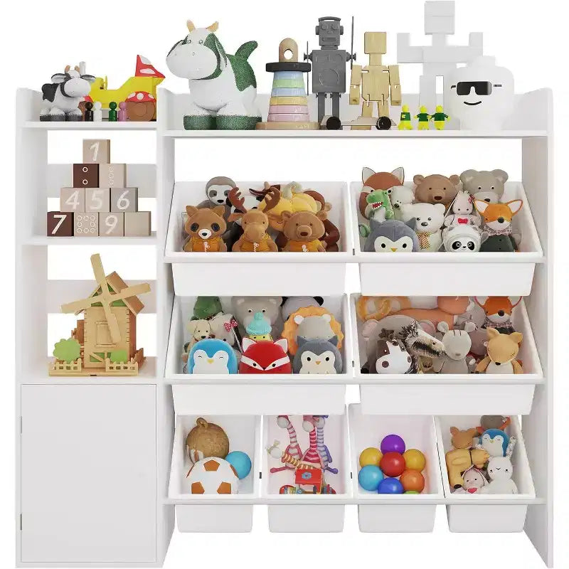Organisateur de rangement de 43,5 pouces de large avec 8 bacs amovibles et plusieurs casiers, étagère de rangement à 4 niveaux pour livres et loisirs créatifs, bibliothèque pour chambre à coucher, salle de classe