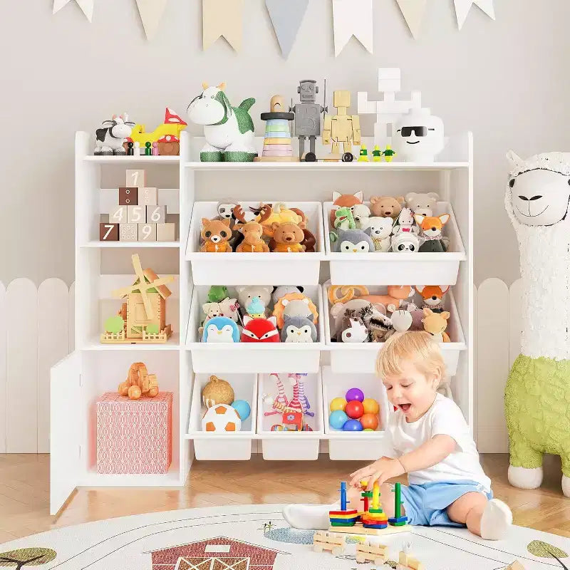 Organisateur de rangement de 43,5 pouces de large avec 8 bacs amovibles et plusieurs casiers, étagère de rangement à 4 niveaux pour livres et loisirs créatifs, bibliothèque pour chambre à coucher, salle de classe