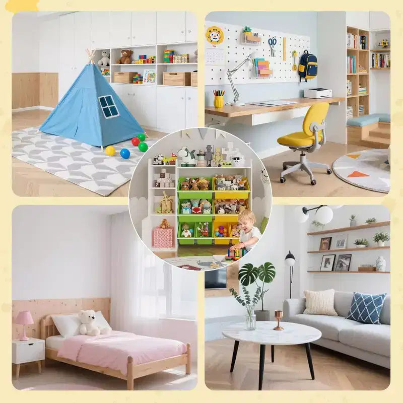 Organisateur de rangement de 43,5 pouces de large avec 8 bacs amovibles et plusieurs casiers, étagère de rangement à 4 niveaux pour livres et loisirs créatifs, bibliothèque pour chambre à coucher, salle de classe