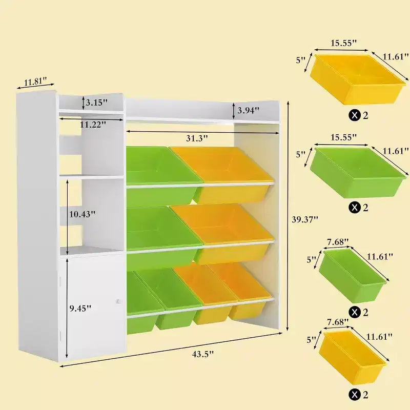 Organisateur de rangement de 43,5 pouces de large avec 8 bacs amovibles et plusieurs casiers, étagère de rangement à 4 niveaux pour livres et loisirs créatifs, bibliothèque pour chambre à coucher, salle de classe
