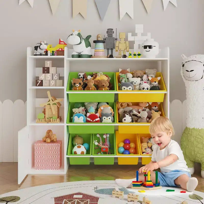 Organisateur de rangement de 43,5 pouces de large avec 8 bacs amovibles et plusieurs casiers, étagère de rangement à 4 niveaux pour livres et loisirs créatifs, bibliothèque pour chambre à coucher, salle de classe