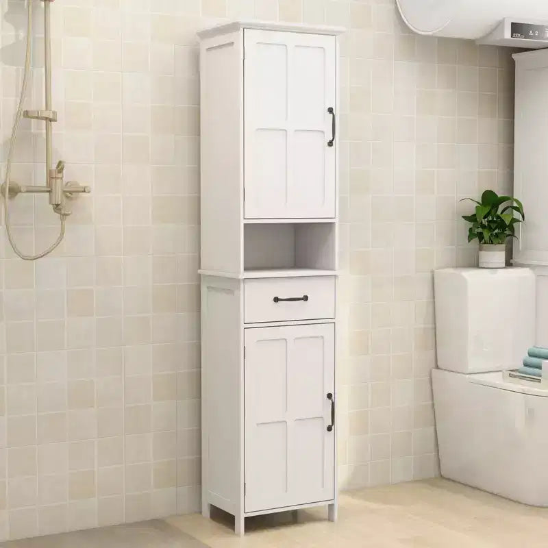 Meuble Colonne Étroit à Deux Portes et Hauteur Réduite, Idéal pour Salles de Bains et Cuisines - Blanc