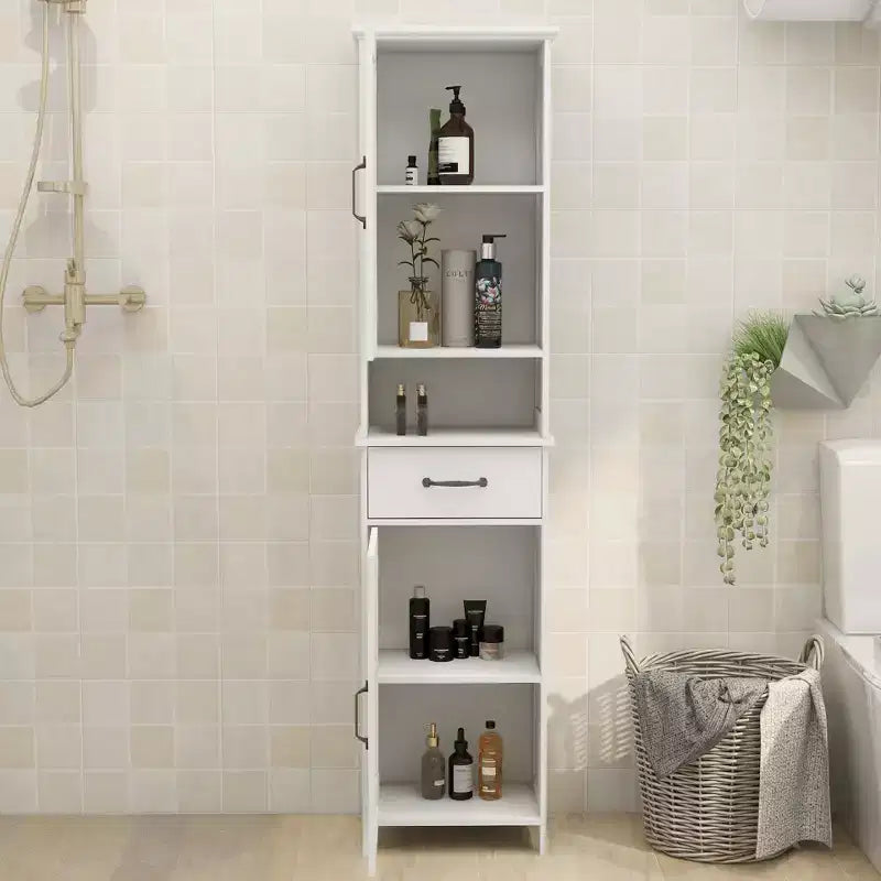 Meuble Colonne Étroit à Deux Portes et Hauteur Réduite, Idéal pour Salles de Bains et Cuisines - Blanc