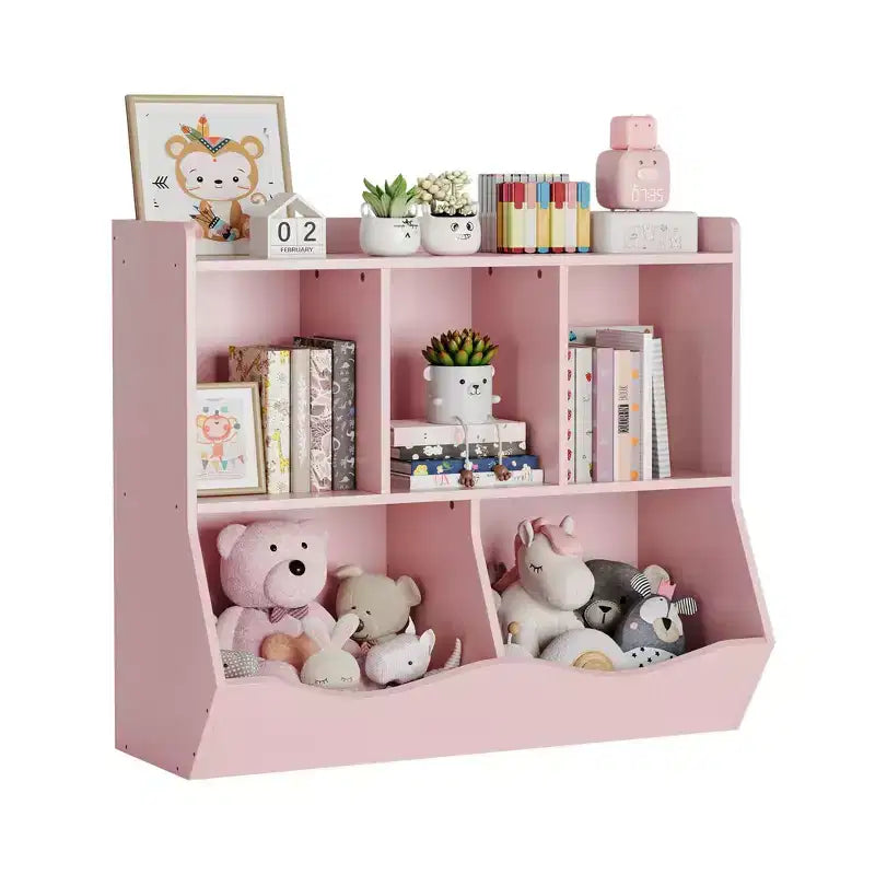 3-Tier Wooden Toy Storage Organizer & Kids Bookshelf - 5-Section Book Rack Daycare Furniture Pink