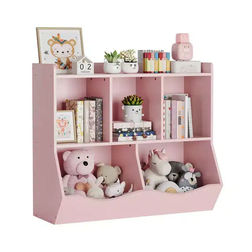 3-Tier Wooden Toy Storage Organizer & Kids Bookshelf - 5-Section Book Rack Daycare Furniture Pink