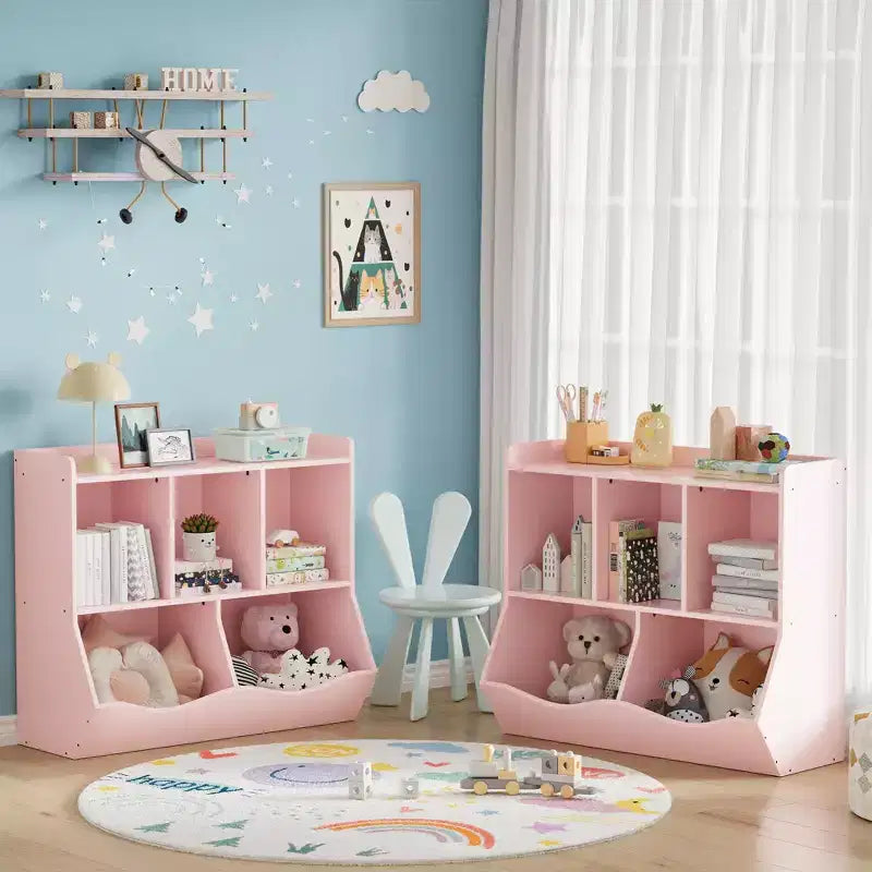 Organisateur de rangement de jouets en bois à 3 niveaux et étagère à livres pour enfants - Étagère à livres à 5 sections pour garderie Rose