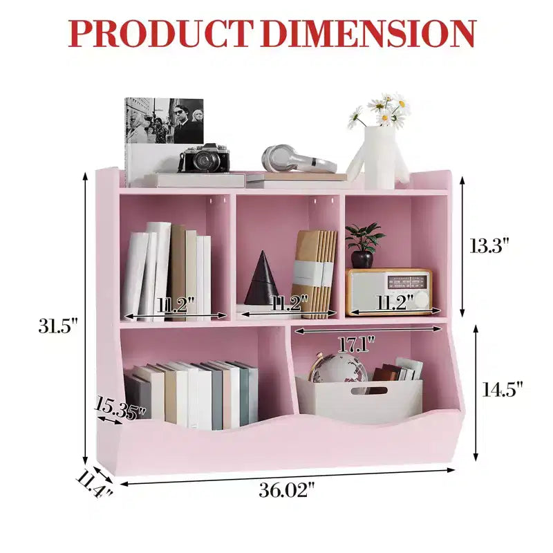Organisateur de rangement de jouets en bois à 3 niveaux et étagère à livres pour enfants - Étagère à livres à 5 sections pour garderie Rose