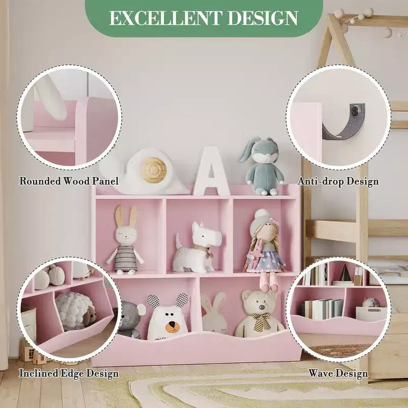 Organisateur de rangement de jouets en bois à 3 niveaux et étagère à livres pour enfants - Étagère à livres à 5 sections pour garderie Rose