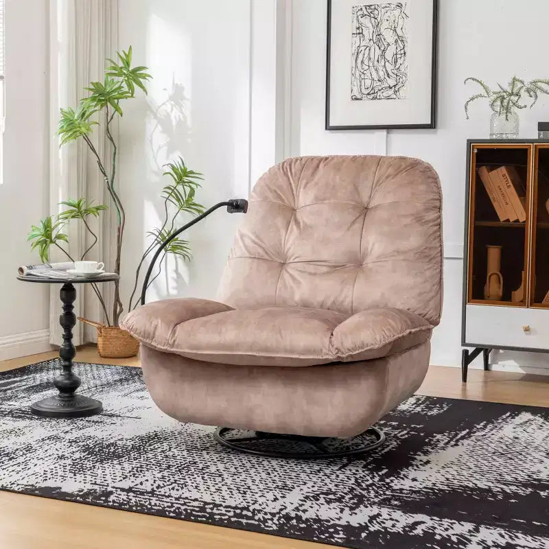 Fauteuil berçant et inclinable pivotant, support de téléphone portable en velours estampillé or, salle de lecture, marron naturel