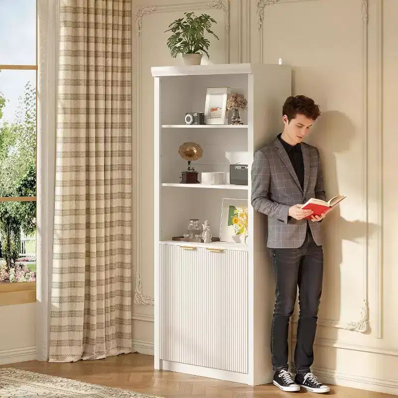 Bibliothèque à 5 niveaux avec armoire de rangement et étagère réglable, étagères de style moderne du milieu du siècle pour le bureau à domicile, le salon