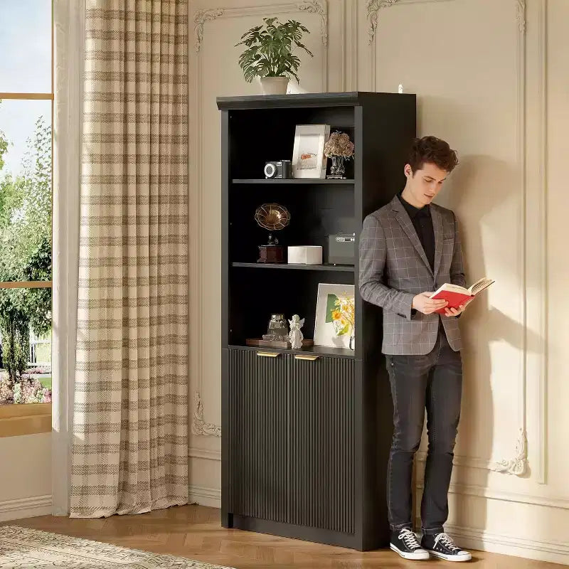 Bibliothèque à 5 niveaux avec armoire de rangement et étagère réglable, étagères de style moderne du milieu du siècle pour le bureau à domicile, le salon