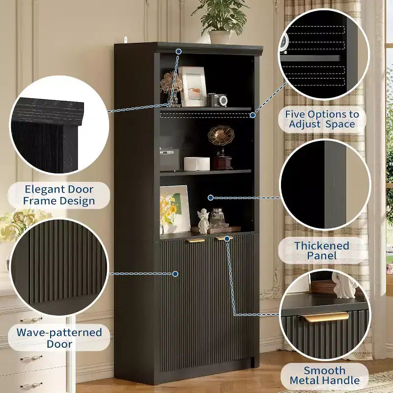 Bibliothèque à 5 niveaux avec armoire de rangement et étagère réglable, étagères de style moderne du milieu du siècle pour le bureau à domicile, le salon