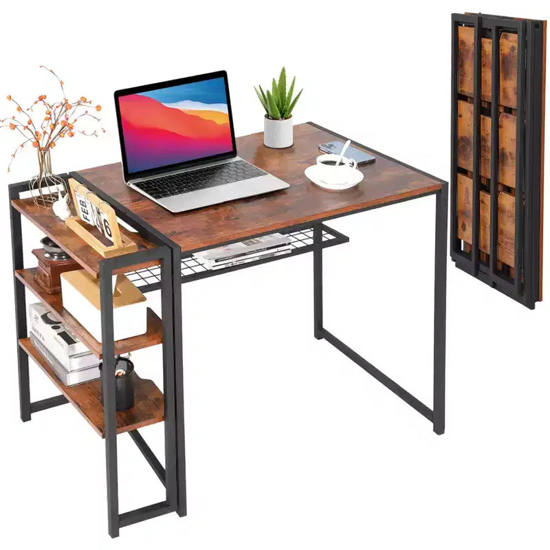 Bureau pliant de 89 cm avec étagère de rangement, bureau d'ordinateur peu encombrant, table robuste sans assemblage, pour chambre, bureau à domicile, dortoir