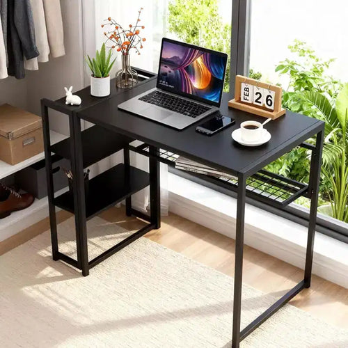 Bureau pliant de 89 cm avec étagère de rangement, bureau d'ordinateur peu encombrant, table robuste sans assemblage, pour chambre, bureau à domicile, dortoir